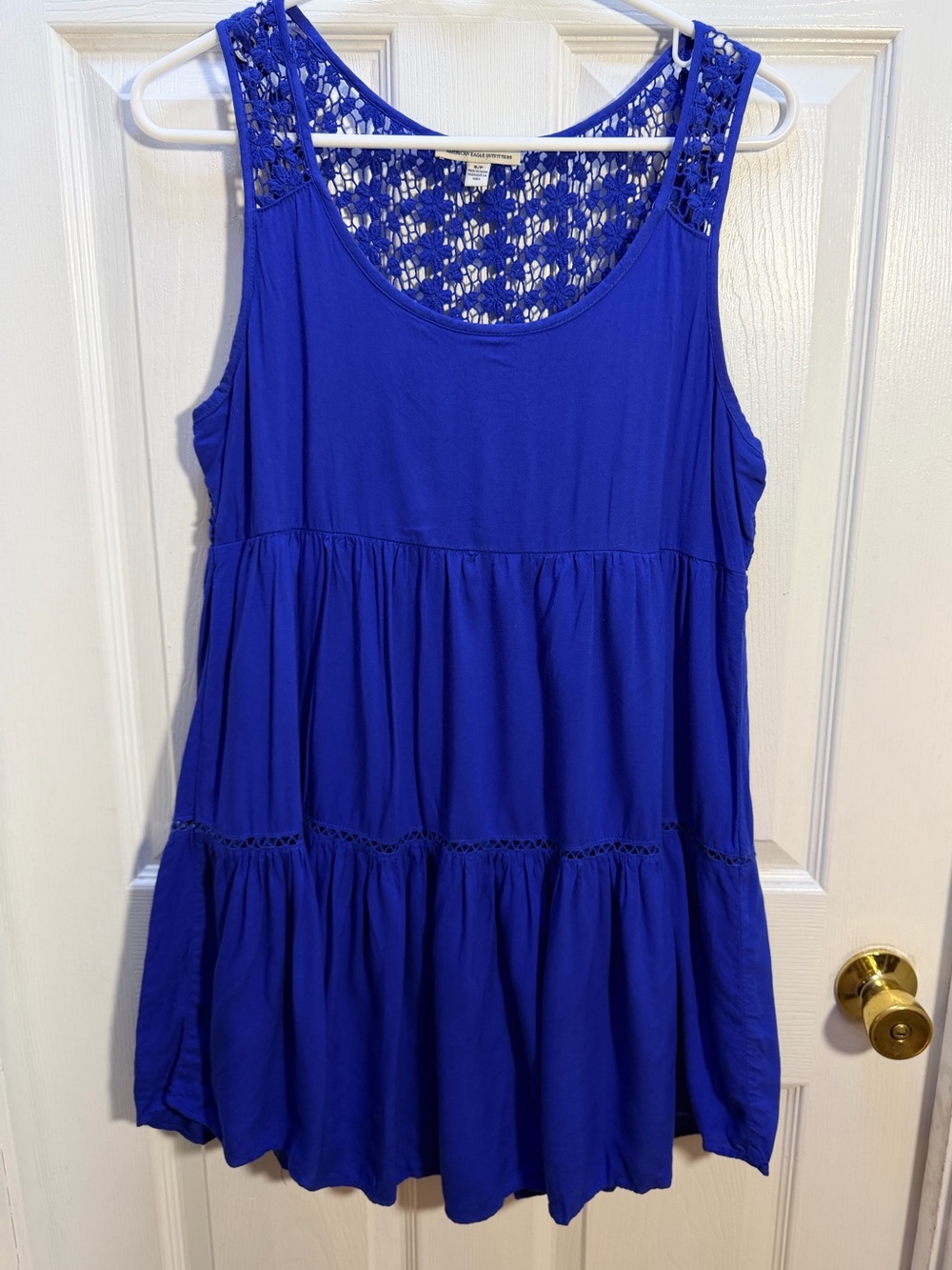 American Eagle Outfitters Royal Blue Sleeveless Tiered Dress with Lace Yoke
